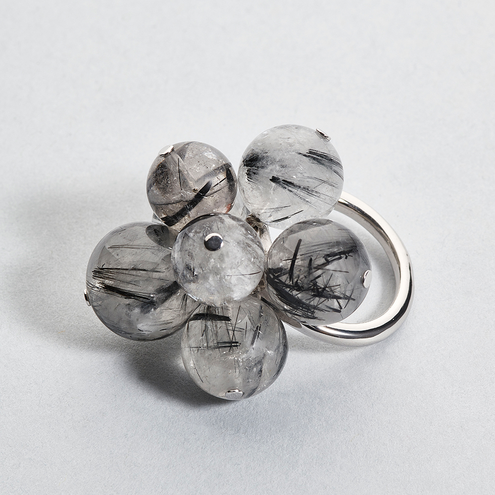 bague fleur argent massif 925 perles mobiles pierre fine quartz rutile noir