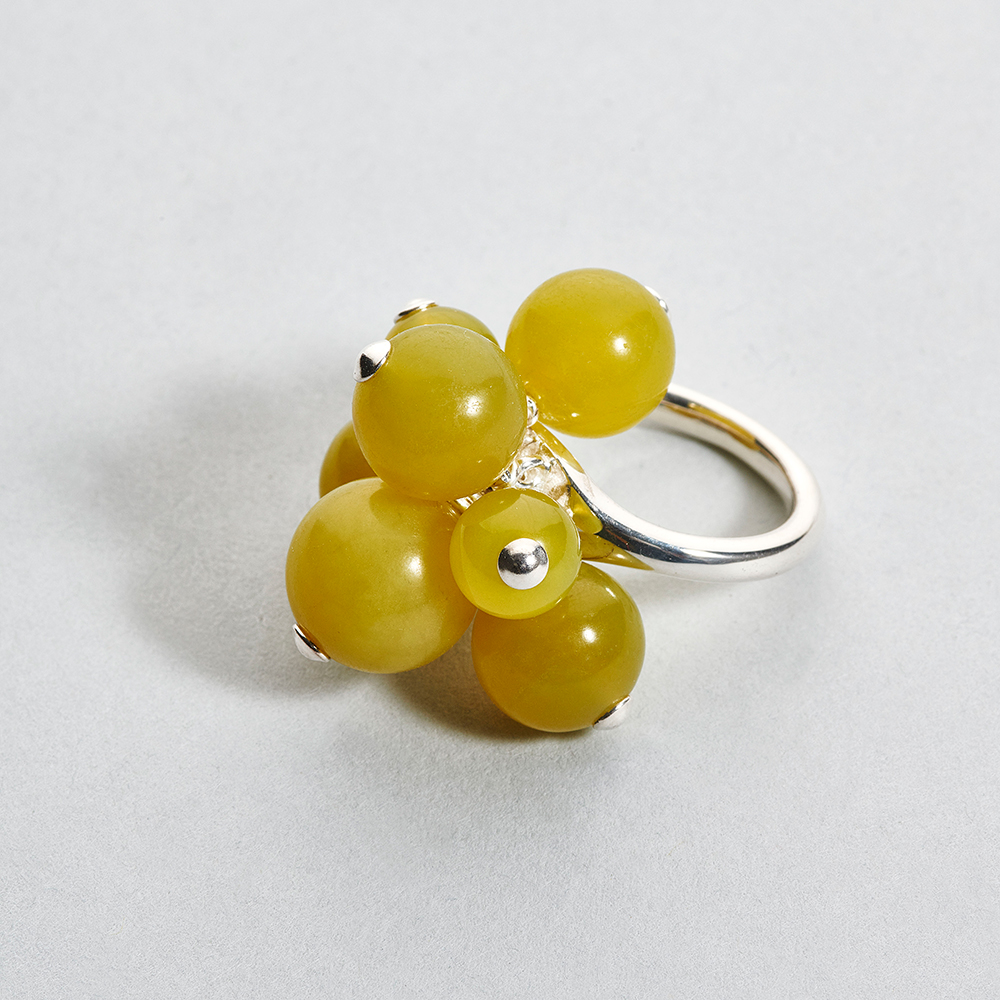 silver flower ring 925 mobile beads fine stone yellow jade