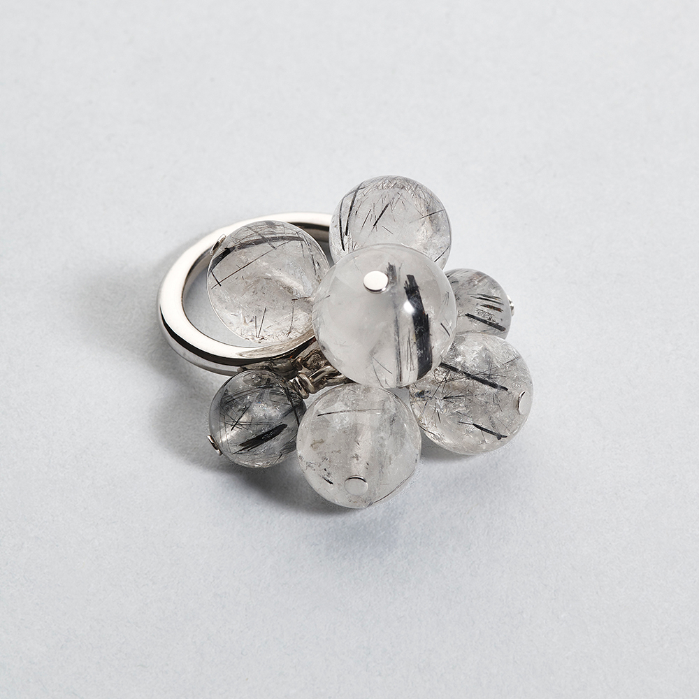 bague fleur argent massif 925 perles mobiles pierre fine quartz rutile