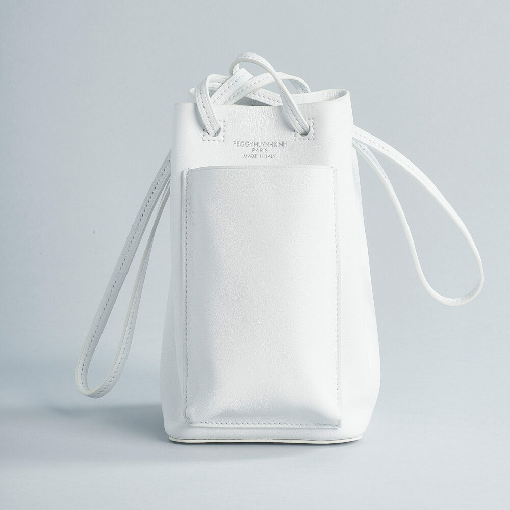 bucket bag soft leather outside pocket shoulder strap white