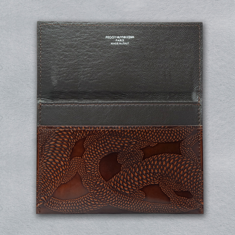 hand embossed glazed leather flap pouch with brown lizards