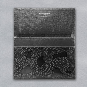 glazed leather flap pouch with hand embossed lizards black