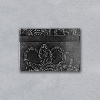 porte cartes compact en cuir glacé patiné main estampé motif lézards gris